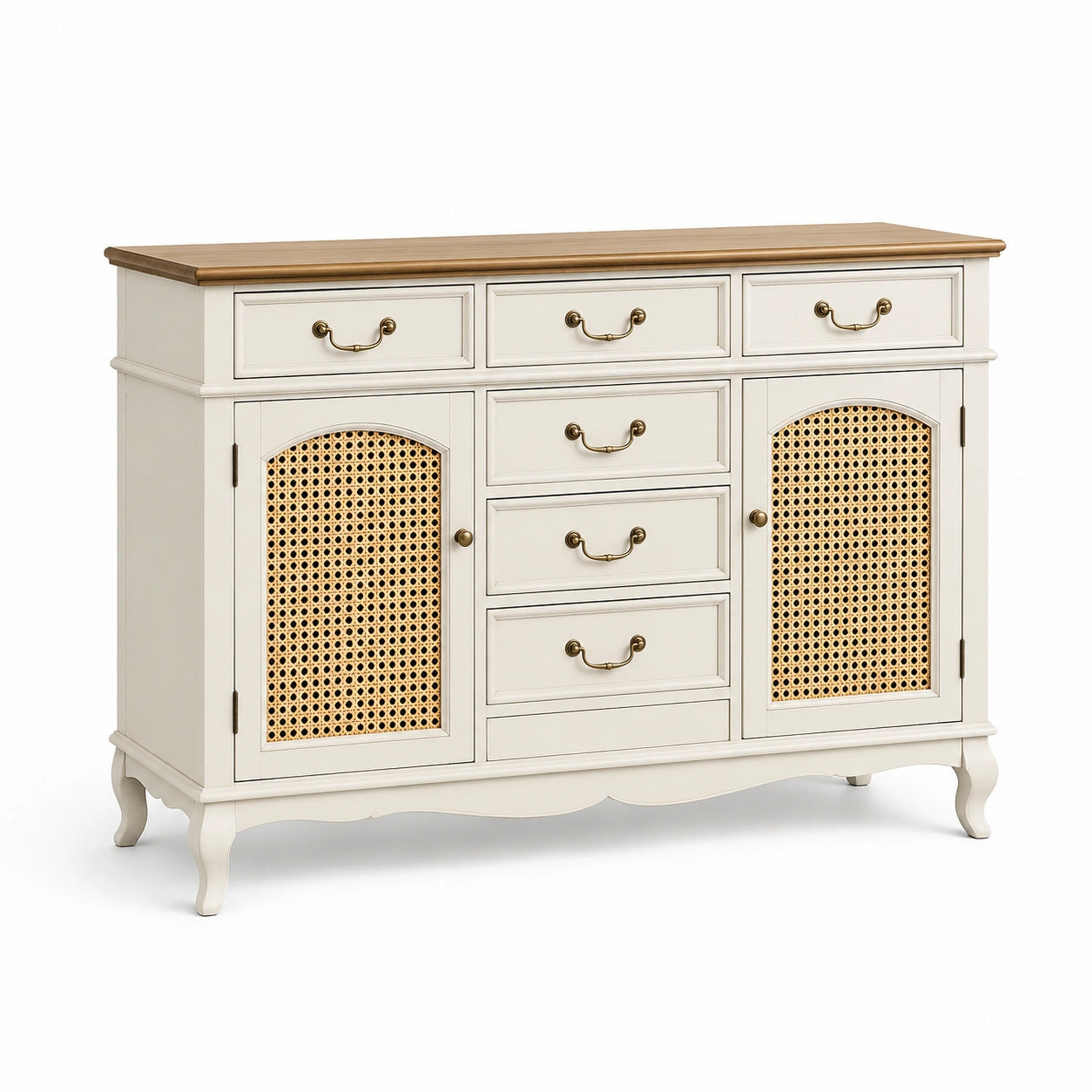 Aparador de Madera y Ratán con 2 Puertas y 7 Cajones Crema