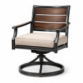 Sillón giratorio de metal negro con asiento de poliéster beige y respaldo de madera