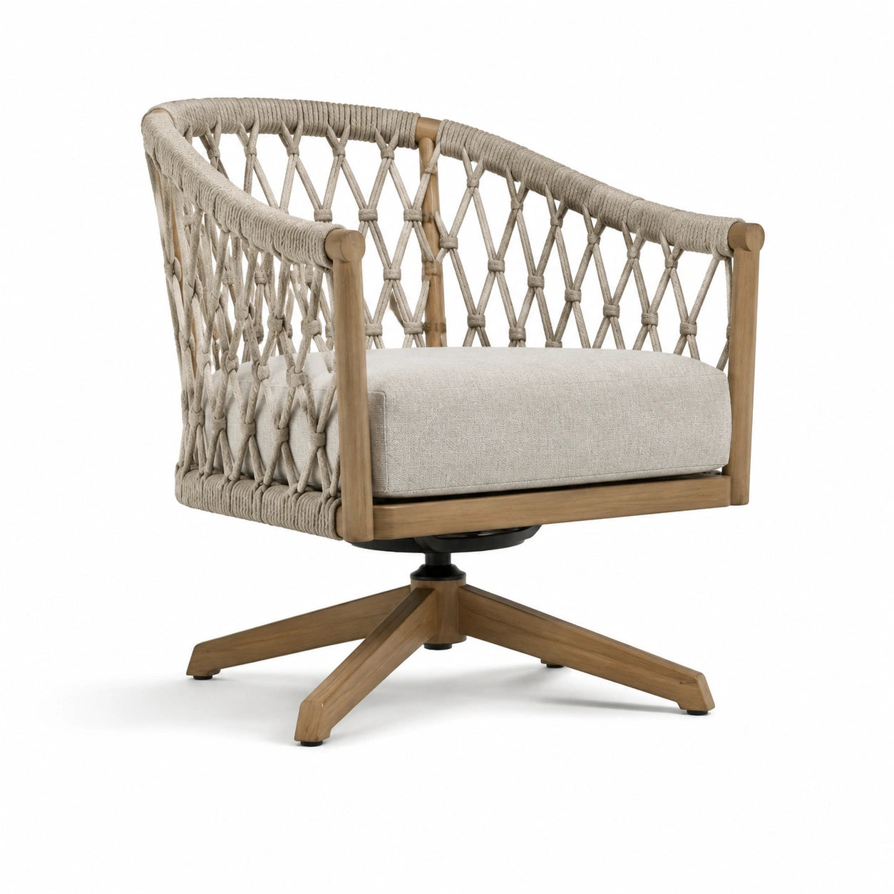 Sillón giratorio de madera con cuerda de poliéster beige