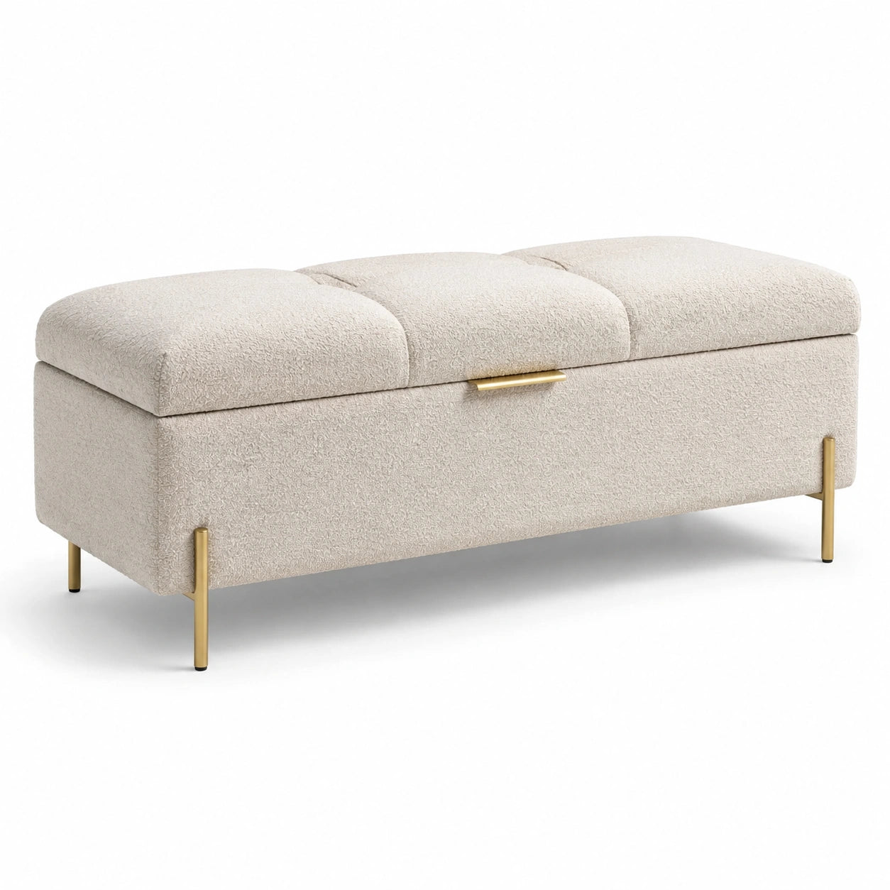 Banco de almacenamiento de tela bouclé beige con patas metálicas doradas