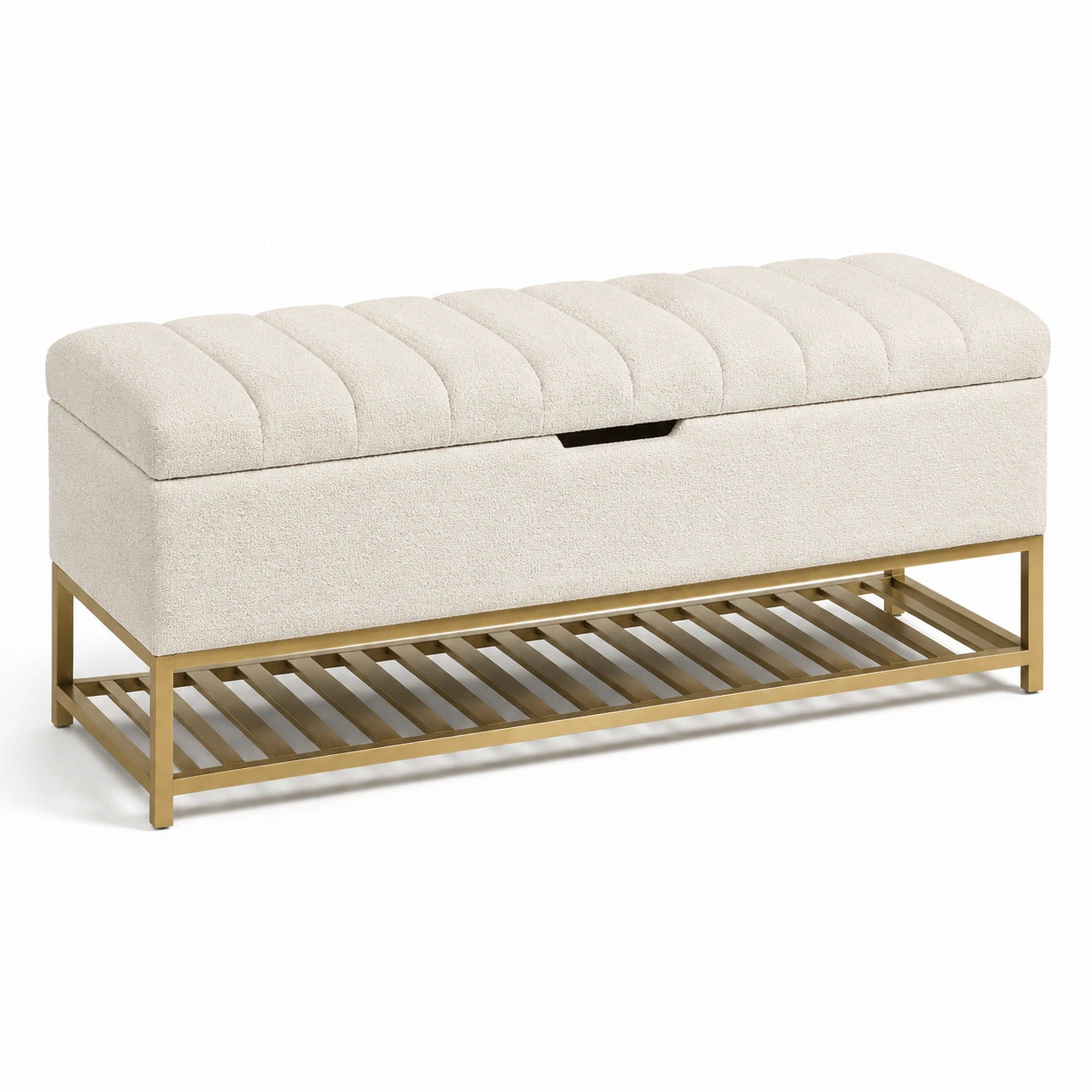Banco de almacenamiento de poliéster beige con base de hierro dorada 120 cm