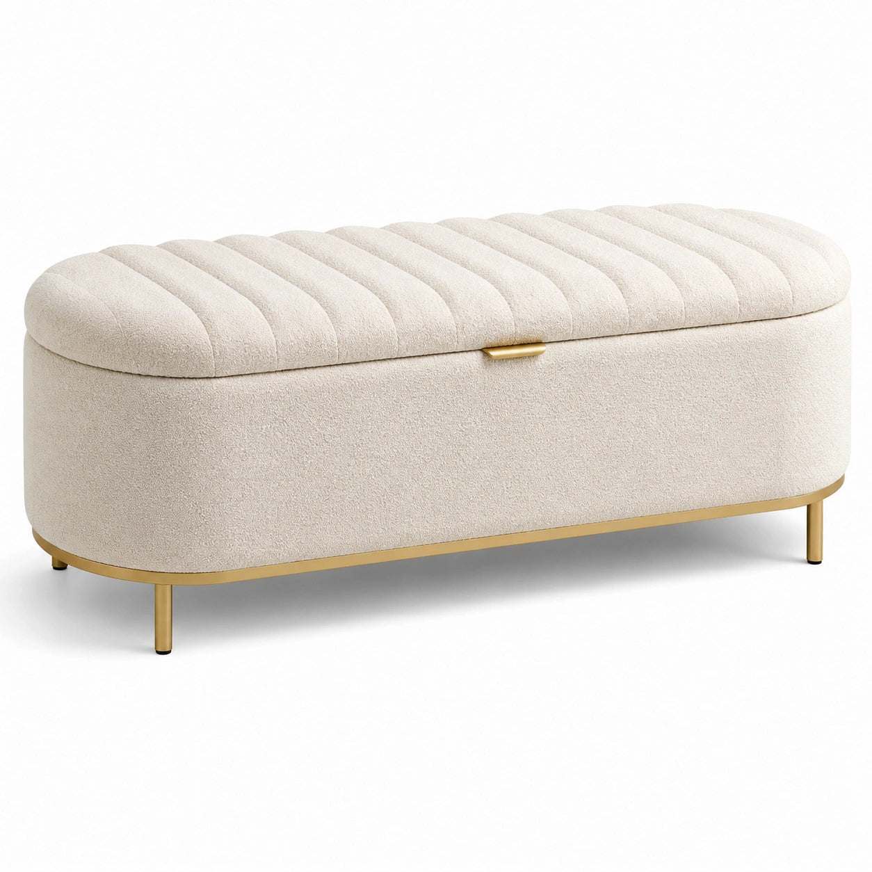 Banco de almacenamiento tapizado en tela beige con patas de metal dorado