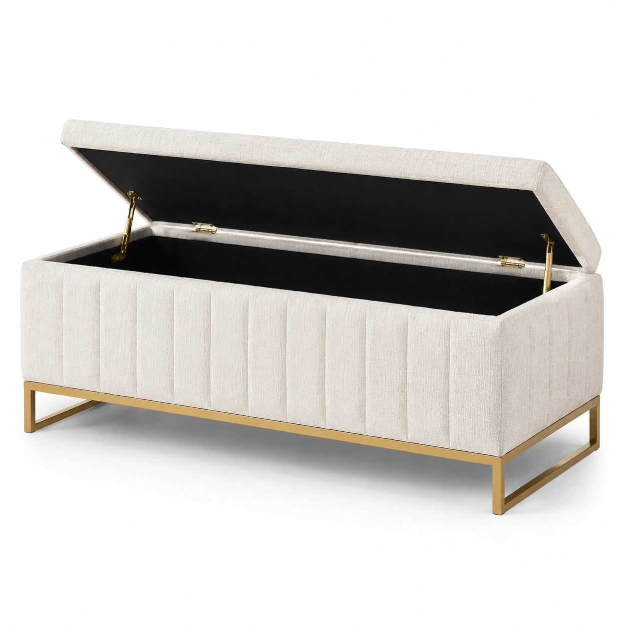 Banco de tela de poliéster beige con base de metal dorado