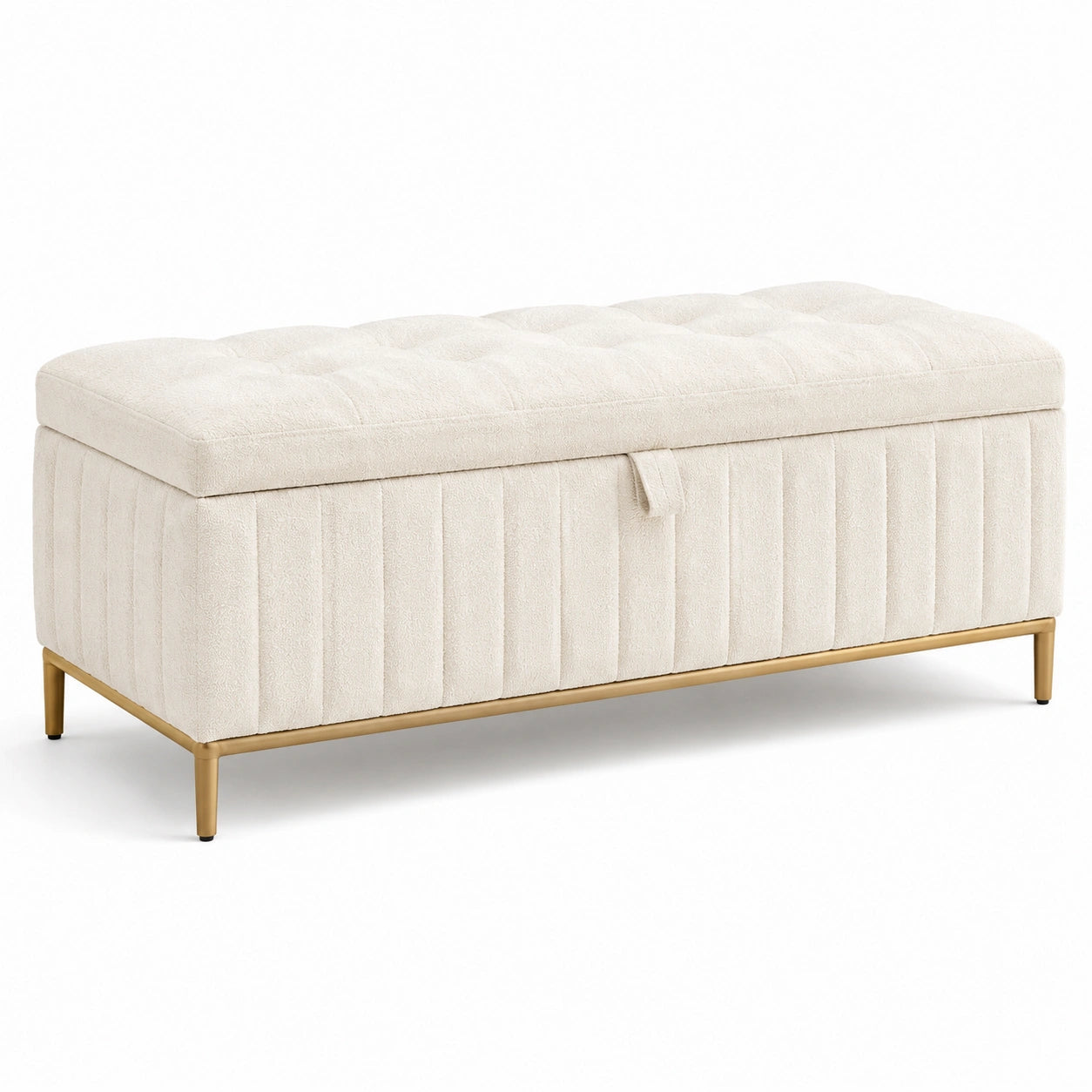Banco de almacenamiento de tela beige con patas de metal
