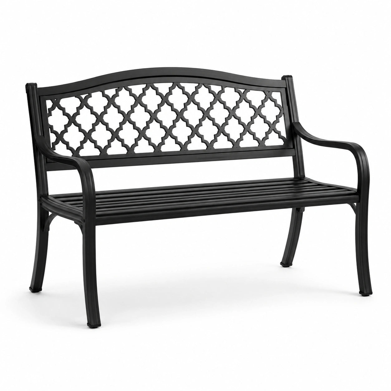 Banco de metal negro con respaldo decorativo 127 cm