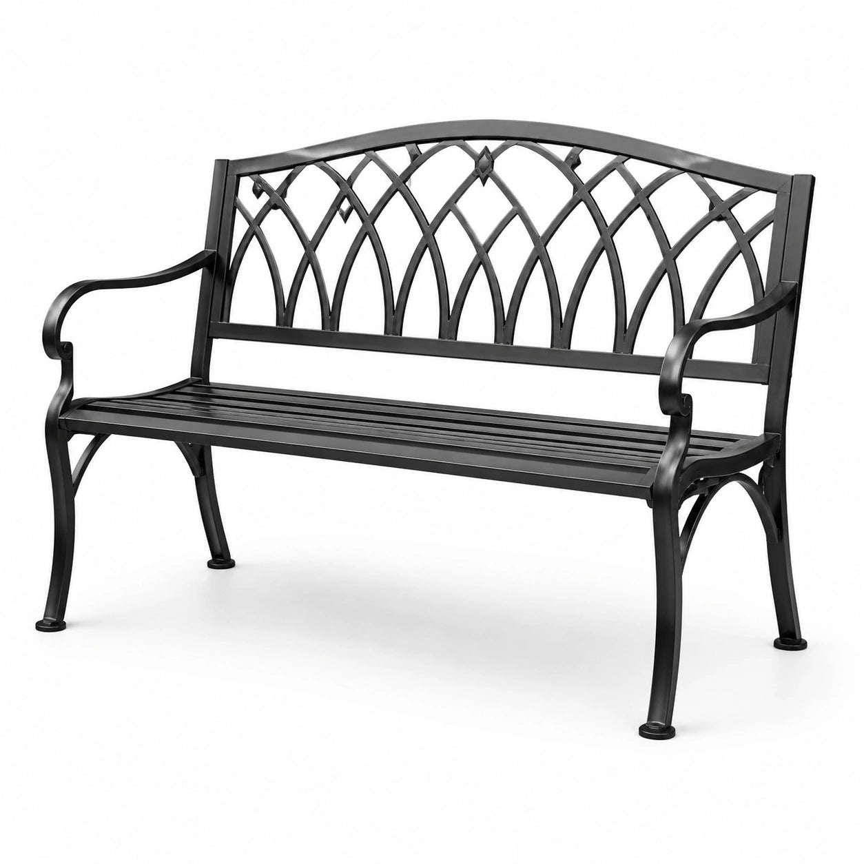 Banco de metal negro para exterior con respaldo decorativo 127x60x85 cm