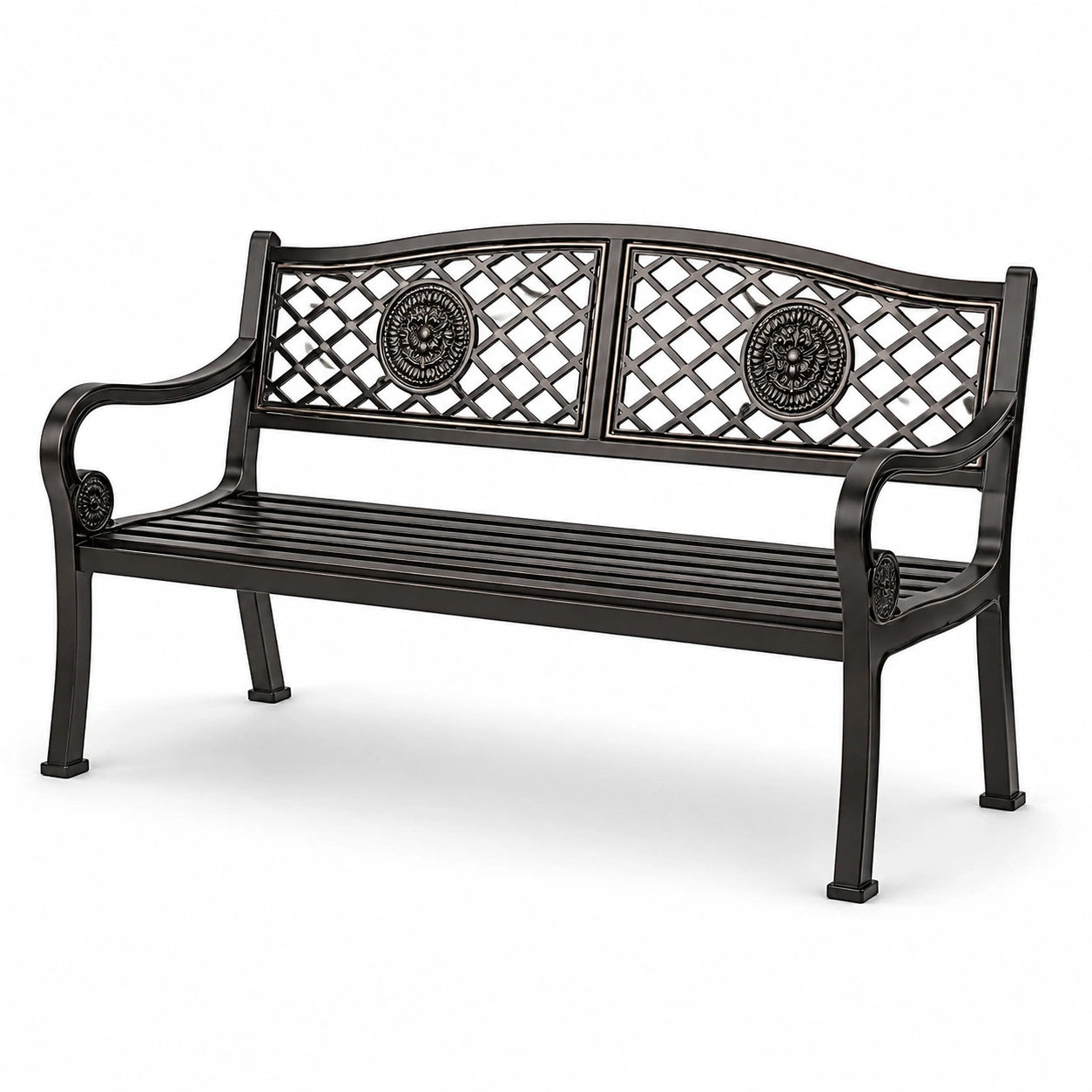 Banco de metal para exterior con respaldo decorativo de 126 cm