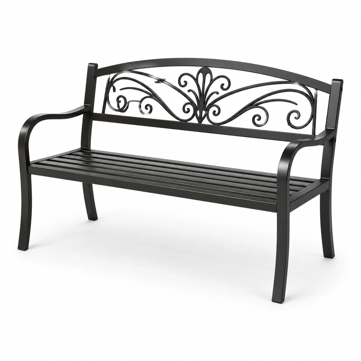 Banco de jardín de metal con respaldo decorativo negro 128x50x85 cm