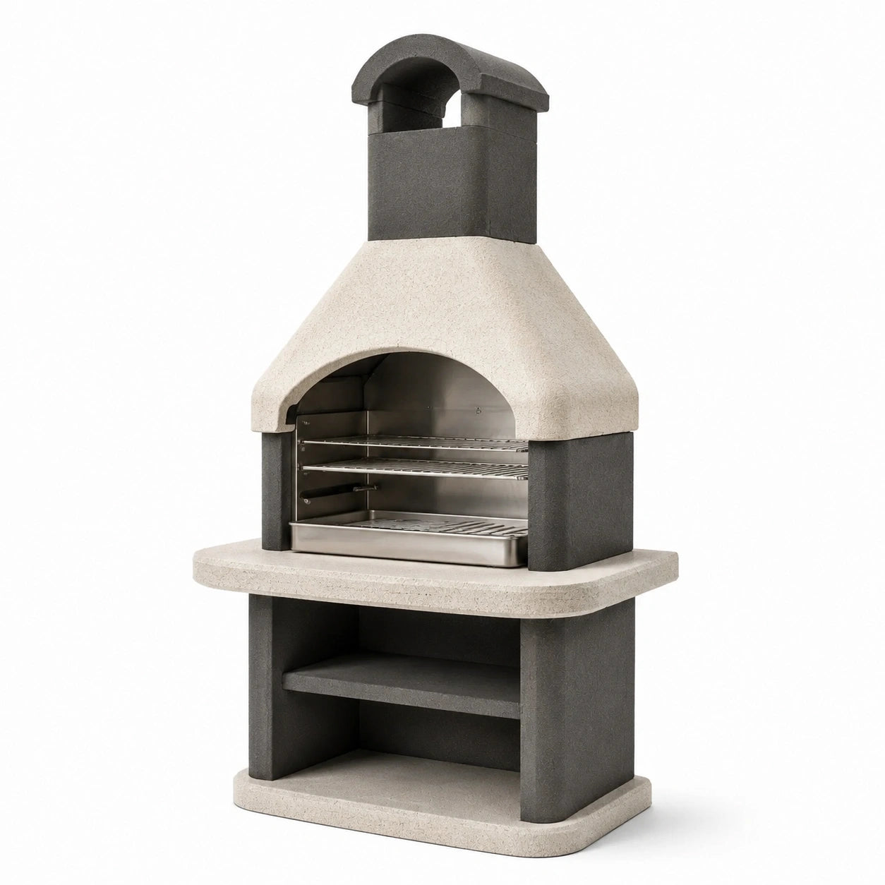 Parrilla de hormigón y acero inoxidable con chimenea, gris y beige, 200x110x65 cm