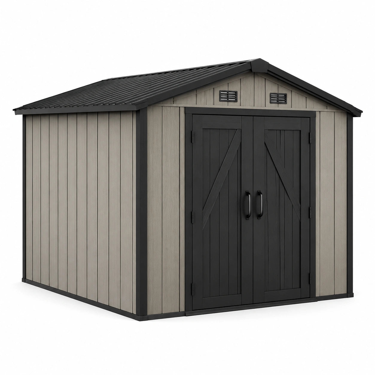 Cobertizo de jardín de resina con techo inclinado y puertas dobles gris y negro