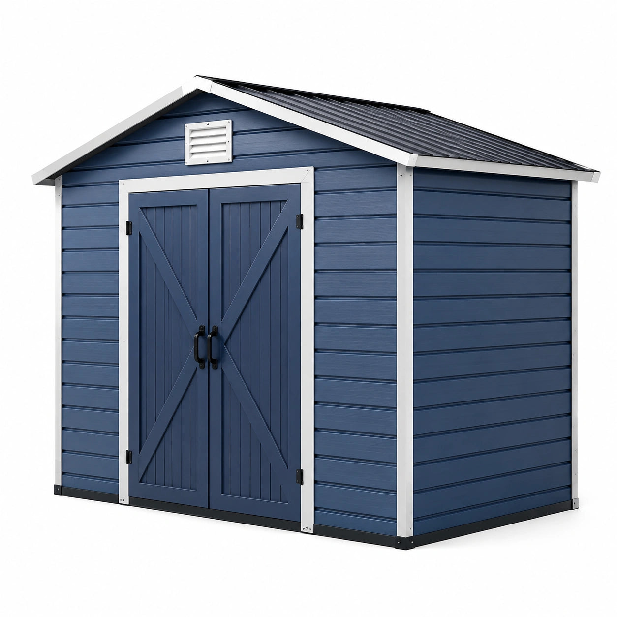 Cobertizo de polipropileno azul con techo inclinado 256x182x243 cm