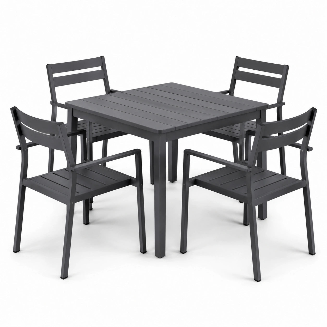 Conjunto de comedor de jardín de metal gris con mesa cuadrada y 4 sillas
