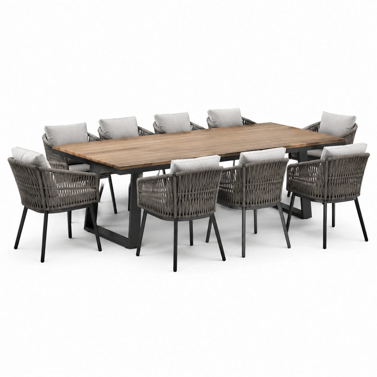 Conjunto de comedor de jardín madera y metal con 8 sillas de cuerda gris