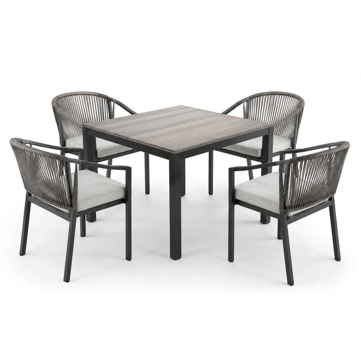 Conjunto de comedor de jardín de aluminio con sillas de cuerda sintética gris
