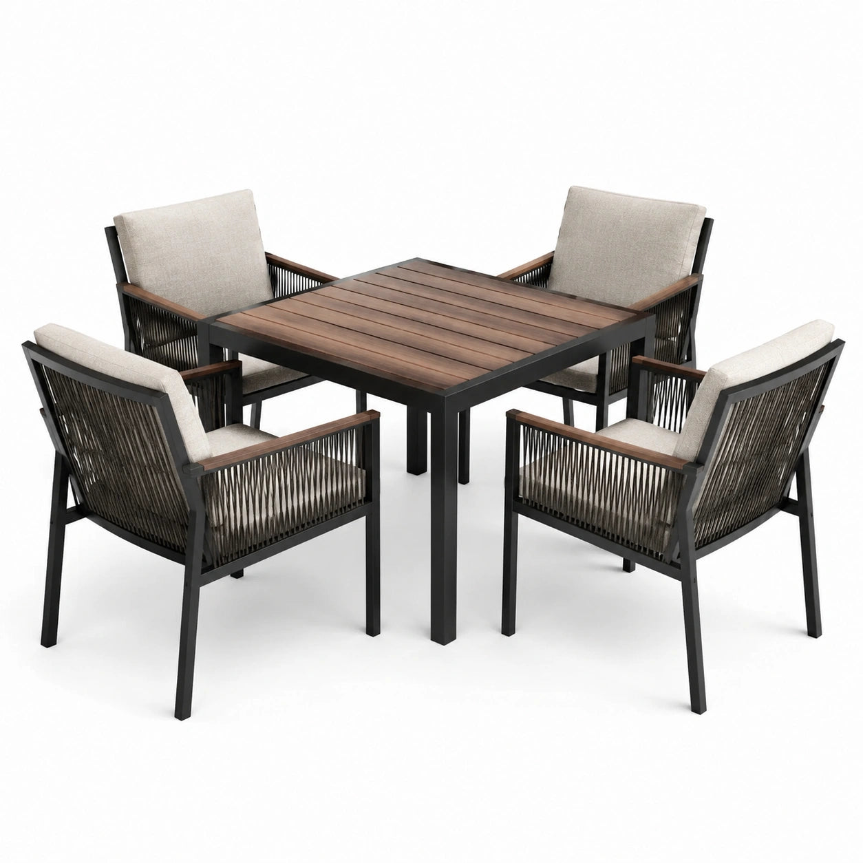 Conjunto de comedor de metal y madera con sillas de cuerda y cojines beige